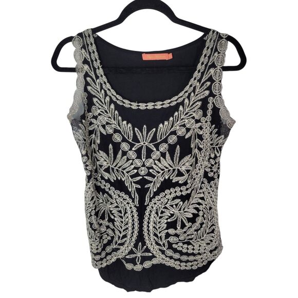 Mujer Moderna Womens Sz XL Black Tan Embroidered Sleeveless Blouse - Picture 1 of 11